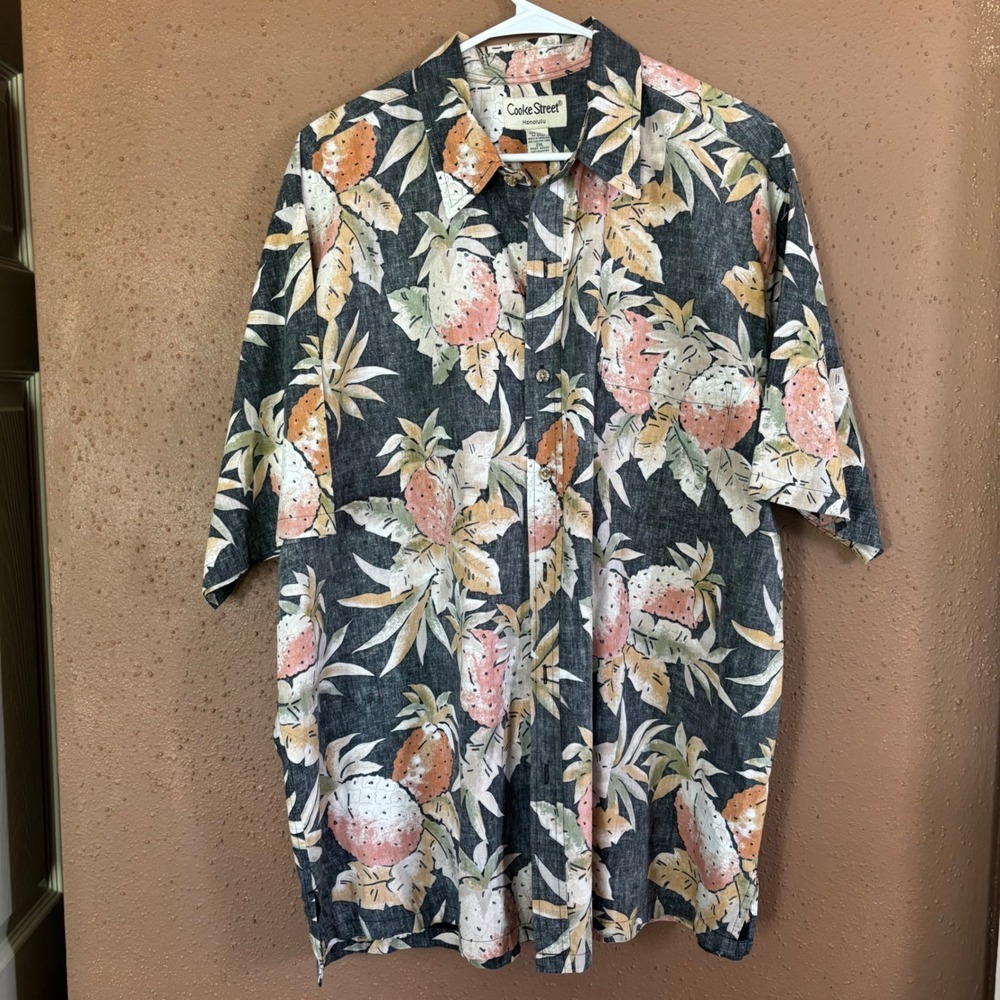 Cooke Street Honolulu Mens 2XL Pineapple Tropical Cotton Hawaiian Shirt Grey 2XL